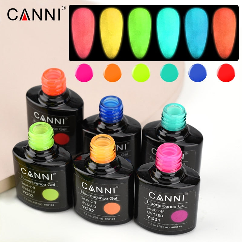 CANNI 2023 New Arrival 7.3ml 6 Colors Fluorescence Gel Polish YG01-YG06 Luminous Neon Gel Long Lasting Soak-Off UV/LED Nail Arts