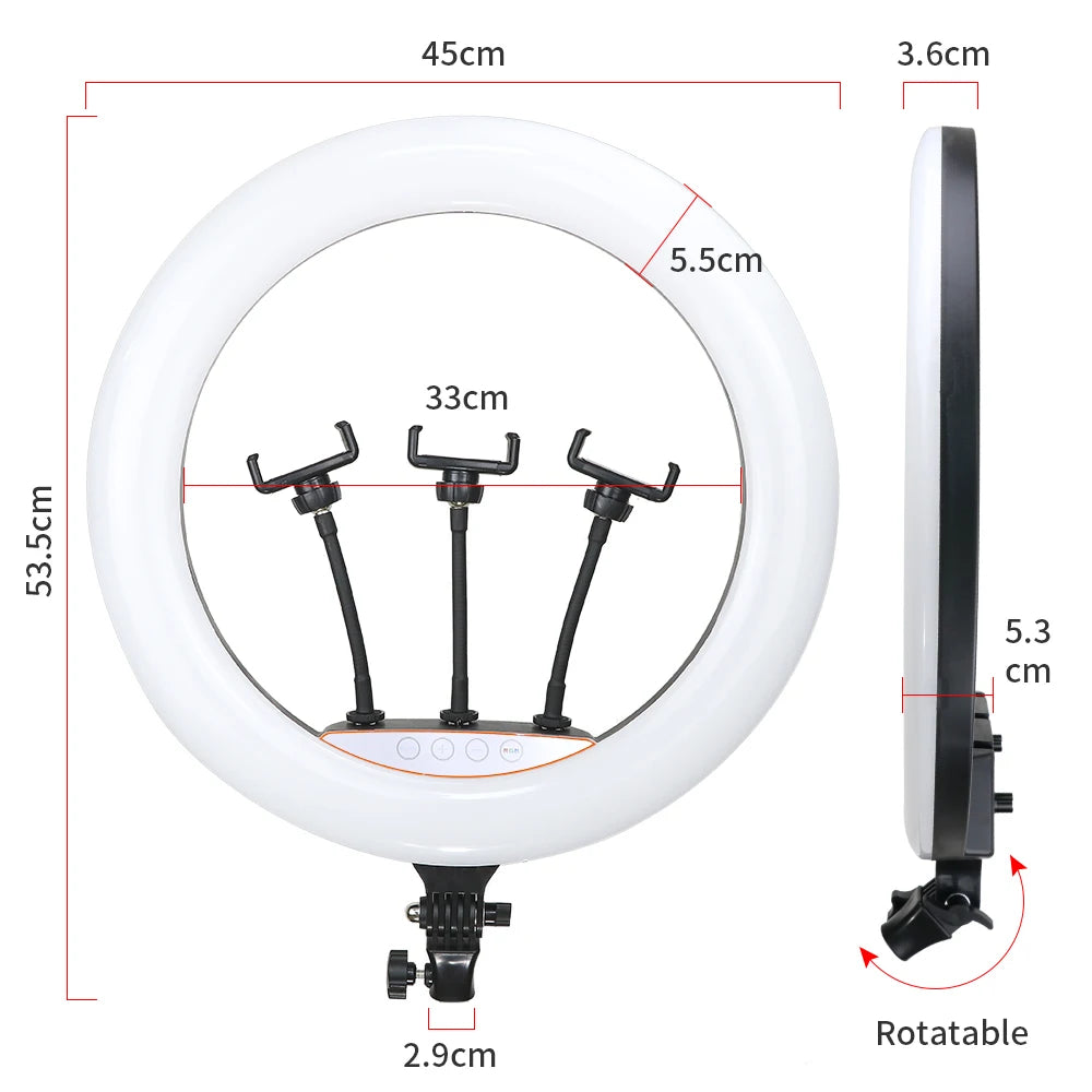 RING LIGHT PROFESSIONEL LED RGB coloré de 18 pouces, 45cm, éclairage de photographie avec trépied de 190mm et 150mm, pour Studio Photo, prise de vue de maquillage Youtube