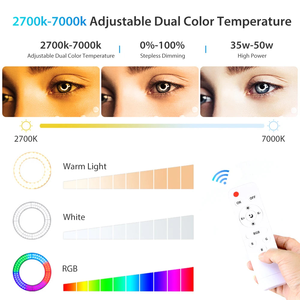 RING LIGHT PROFESSIONEL LED RGB coloré de 18 pouces, 45cm, éclairage de photographie avec trépied de 190mm et 150mm, pour Studio Photo, prise de vue de maquillage Youtube