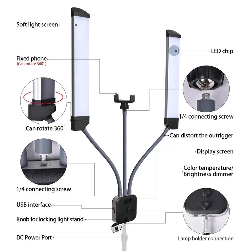 RING LGHIT PROFESSIONNELLE Double bras, avec trépied de 200cm de Long, Double bande LED