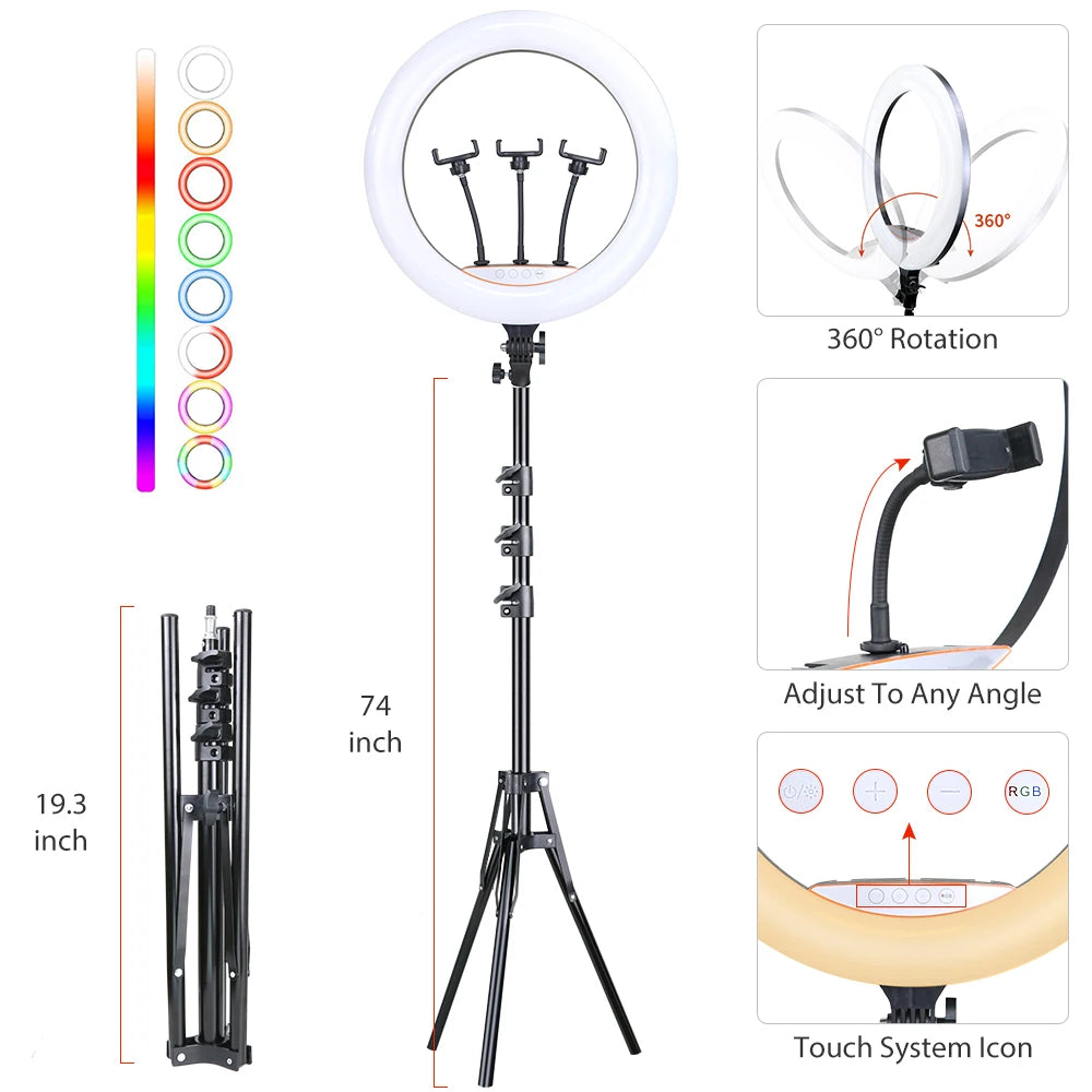 RING LIGHT PROFESSIONEL LED RGB coloré de 18 pouces, 45cm, éclairage de photographie avec trépied de 190mm et 150mm, pour Studio Photo, prise de vue de maquillage Youtube