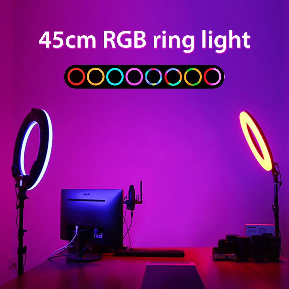RING LIGHT PROFESSIONEL LED RGB coloré de 18 pouces, 45cm, éclairage de photographie avec trépied de 190mm et 150mm, pour Studio Photo, prise de vue de maquillage Youtube
