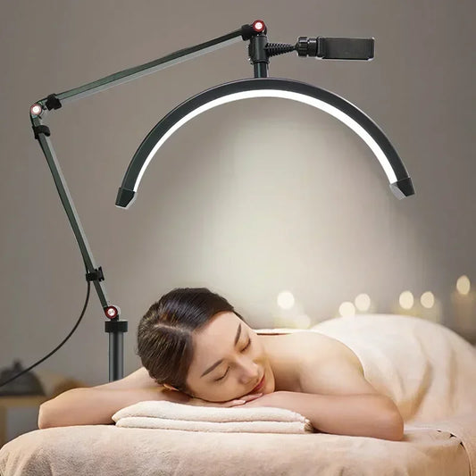 180LED s Extension de cils anneau lampe esthéticiennes LED demi-lune lumière de cils avec pince de téléphone pour la beauté des soins de la peau des sourcils