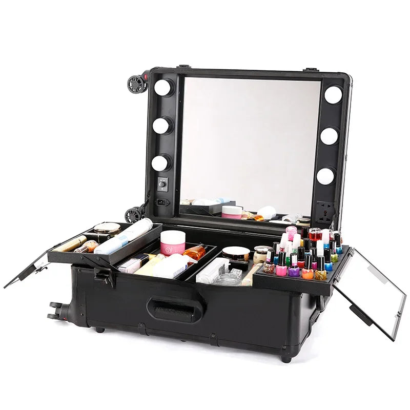 LED Lighted Cosmetic Case Lever Universal Wheel Storage Box Studio Dedicated Makeup Light Box Removable Cosmetic Case 1PC