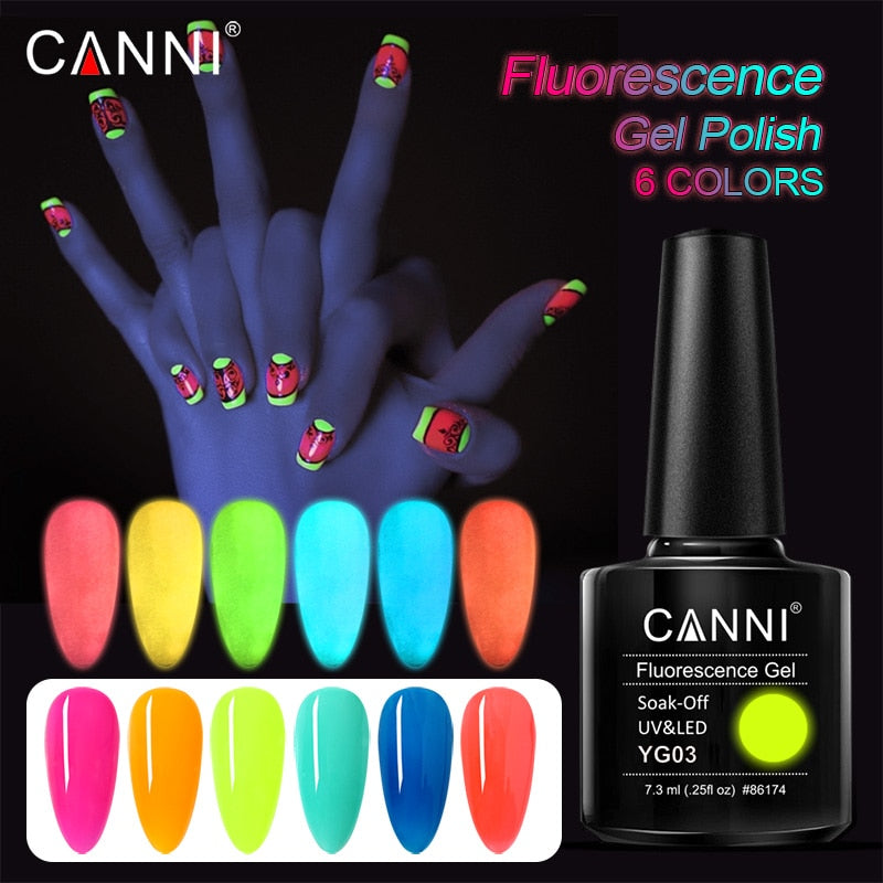 CANNI 2023 New Arrival 7.3ml 6 Colors Fluorescence Gel Polish YG01-YG06 Luminous Neon Gel Long Lasting Soak-Off UV/LED Nail Arts