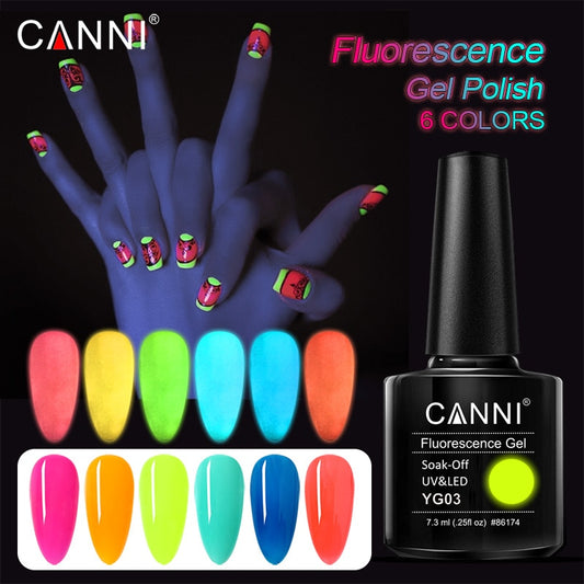 CANNI 2023 New Arrival 7.3ml 6 Colors Fluorescence Gel Polish YG01-YG06 Luminous Neon Gel Long Lasting Soak-Off UV/LED Nail Arts