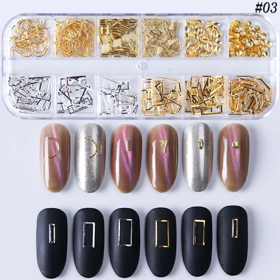 12 Grids 3D Metal Rivet Nail Art Decoration Rose Gold Silver Hollow Frame Oval Bead Jewelry Shell Studs Manicure Accessory LY772