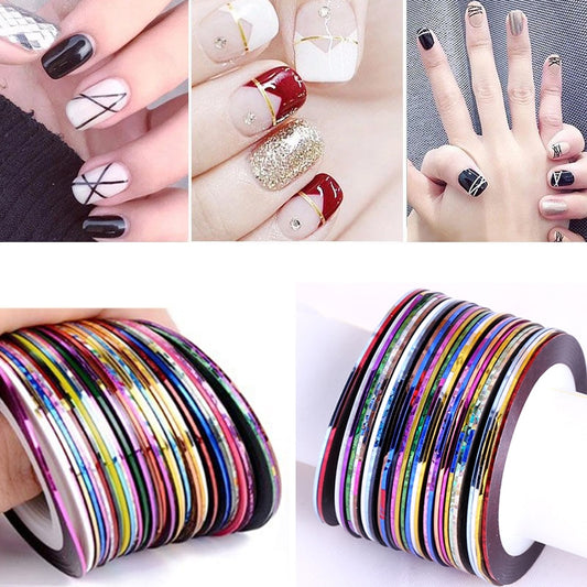 30pcs Nail Art Striping Stickers Tape Metallic Yarn Line 3D Nail Decals Rolls Design DIY Manicure Foil Decoration Accessories
