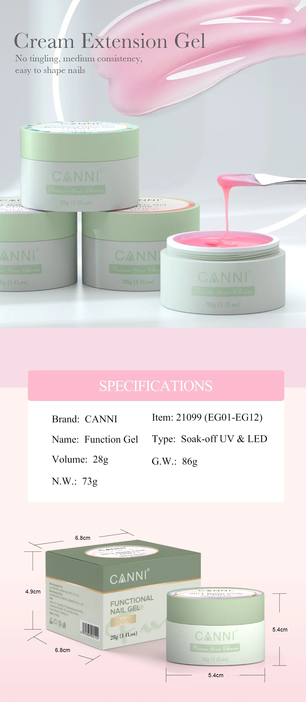 Venalisa CANNI Creamy Texture Extention Builder Jelly Gel Self Leveling No Burning Jelly Gel UV LED Construction Nail Manicure