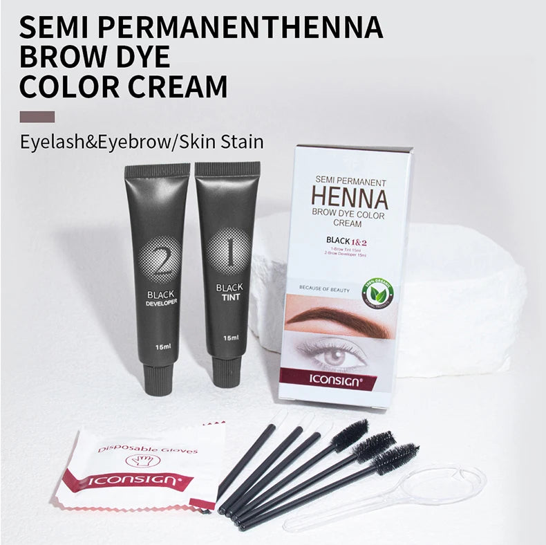 Henna Eyelash Brow Dye Tint Professional Lash Eyebrow Dye 15-Minute Fast Drying Cream Brow Semi Permanent Eyebrows Makeup Black