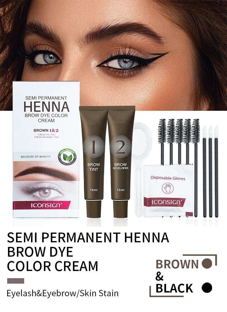 Henna Eyelash Brow Dye Tint Professional Lash Eyebrow Dye 15-Minute Fast Drying Cream Brow Semi Permanent Eyebrows Makeup Black