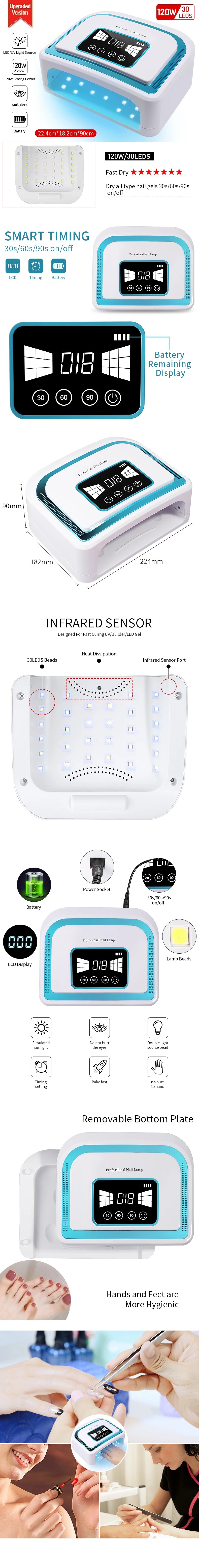 Led Lamp For Nails Uv Nail Drying Gel Manicure Cabin Polish Dryer 120W Light Dryers Wireless Cordless Rechargeable