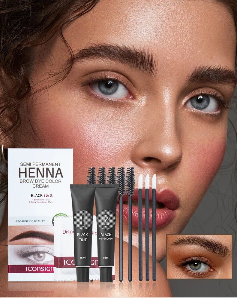 Henna Eyelash Brow Dye Tint Professional Lash Eyebrow Dye 15-Minute Fast Drying Cream Brow Semi Permanent Eyebrows Makeup Black