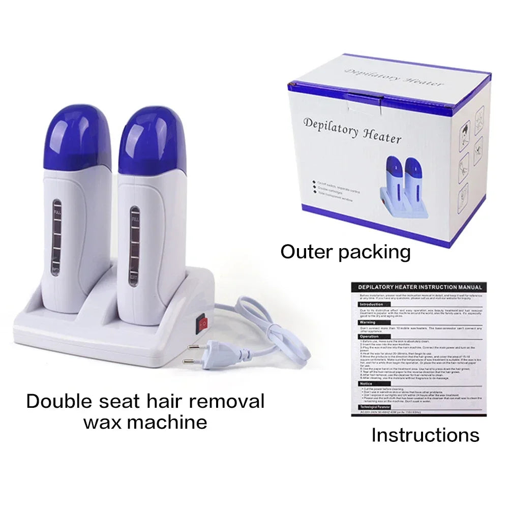 Electric Double Wax Heater Epilator Cartridge Wax Roller  Base Roll On Waxing Refillable Hair Removal Machine Depilatory Heater