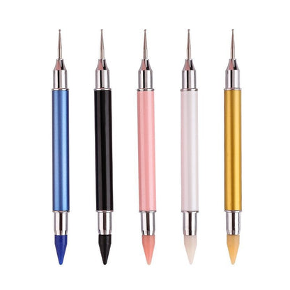 Dual-ended Nail Art Dotting Pen Set With 2 Replaced Heads Rhinestone Beads Studs Picker Wax Pencil Brush Nails Art Tools